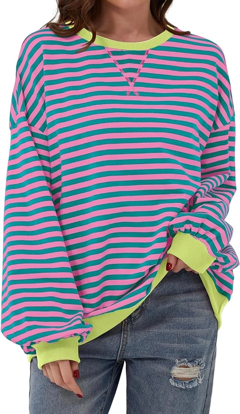 Women Striped Oversized Sweatshirt Color Block Crew Neck Long Sleeve Shirt Casual Pullover Top Fall Y2K Clothes