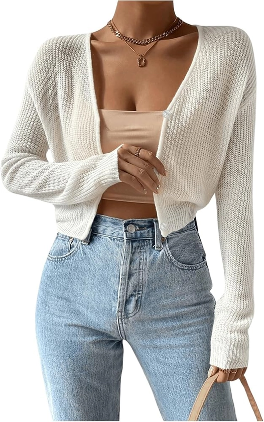 SweatyRocks Women's Lightweight Cropped Cardigan Open Front Button Down Crochet Knit Sweaters