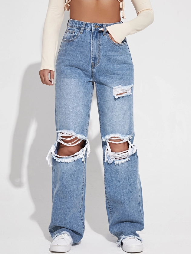 SHEIN EZwear Women's SummerRipped Cutout Wide Leg Jeans