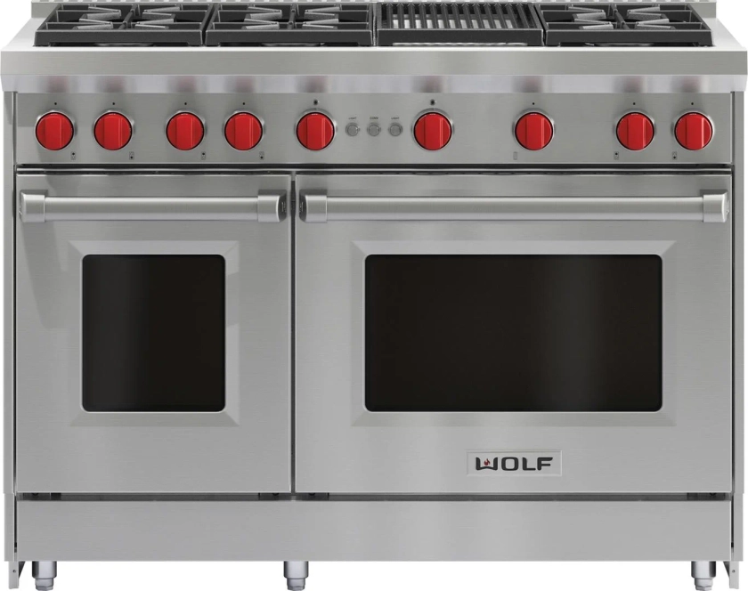 Wolf GR486CLP 48 Inch Pro-Style Gas Range with 6 Burners and Infrared Charbroiler: Stainless Steel, Liquid Propane | Plesser's Appliances