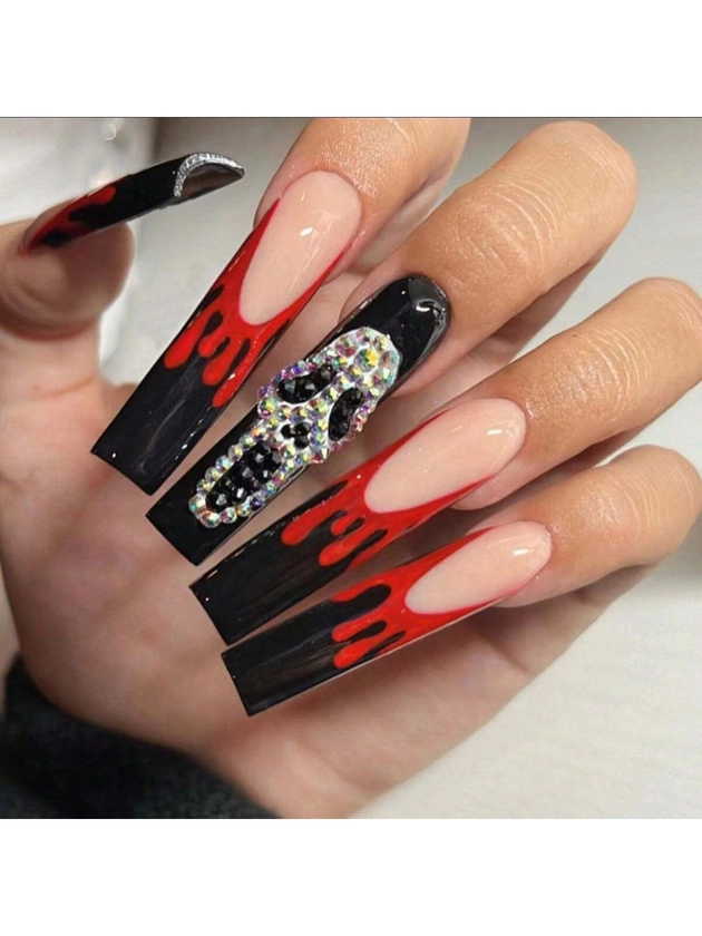 Wearable Skull Shaped Black & Red Manicure Stickers For Halloween