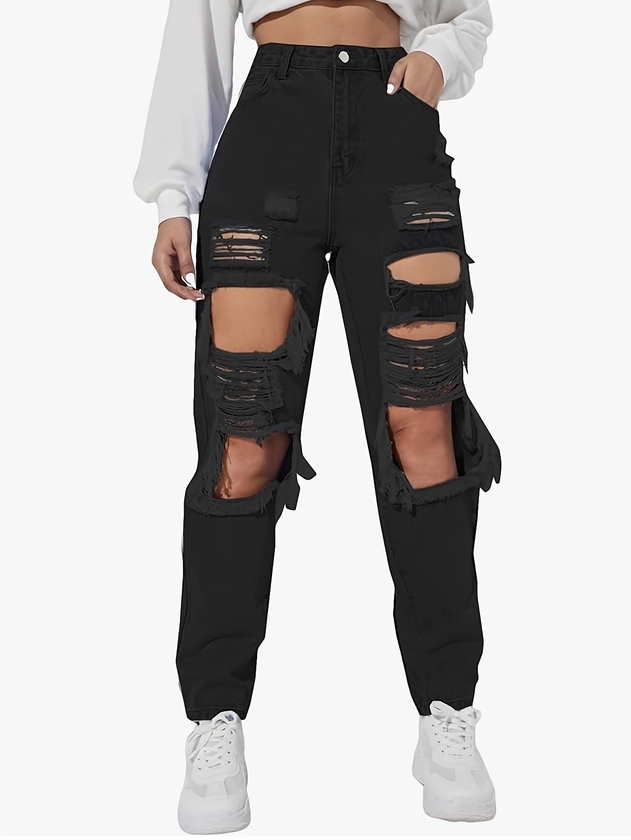 Ripped Distressed Black Tapered Jeans, Streetwear Punk Plain High Waisted Denim Pants, Women's Denim Jeans & Clothing