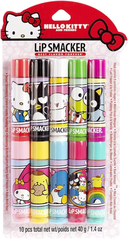 Lip Smacker Sanrio Hello Kitty and Friends 10 Piece Flavored Lip Balm Party Pack, Clear Matte, For Kids, Men, Women, Dry Lips, My Melody, Little Twin Stars, and Chococat