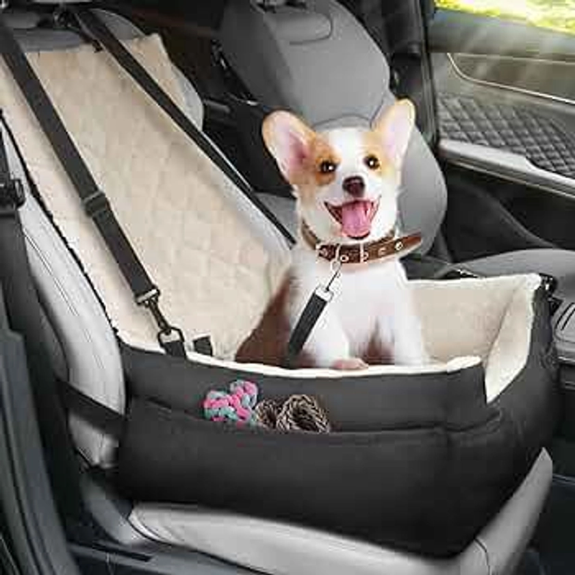 Dog Car Seat for Small Dog, Fully Detachable Washable Pet Car Seat, Dog Booster Seats with Four Storage Pockets Clip-On Leash Portable Dog Car Seats for Small Dogs Under 25 LBS, Beige