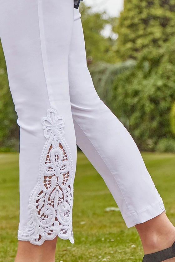 Lace Insert Crop Stretch Trousers in WHITE - Roman Originals UK