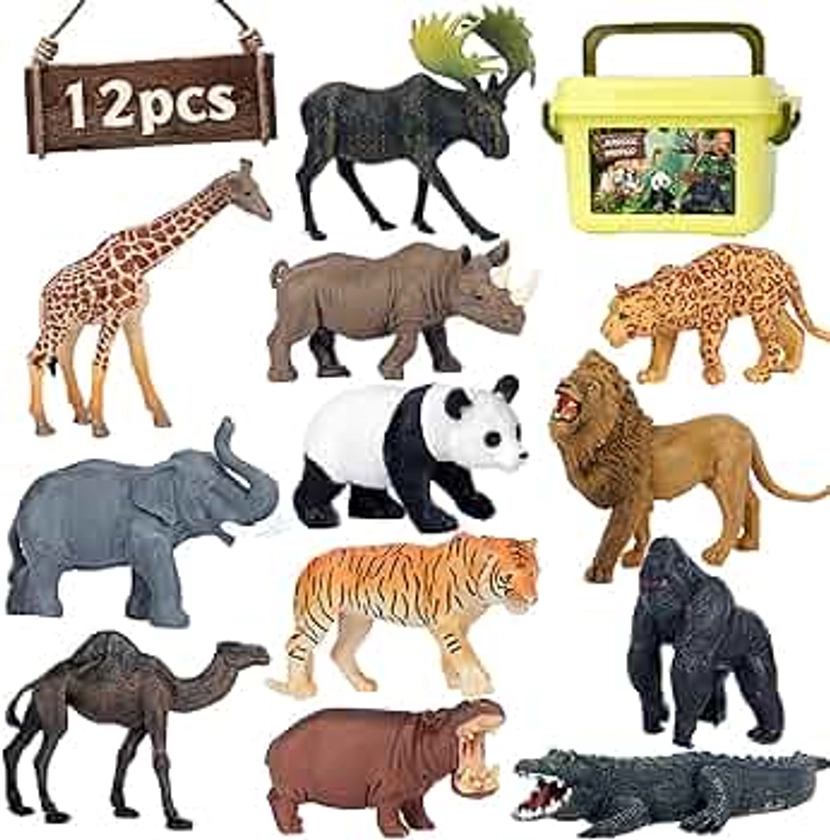 Mini Tudou Jouets d'animaux pour Enfants,12 Pièces Réaliste Animaux de la Jungle Sauvage Figurines,Animaux Zoo Africain avec Lion,Eléphant,Girafe,Jouets d'apprentissage pour Les Enfants 3 Ans+