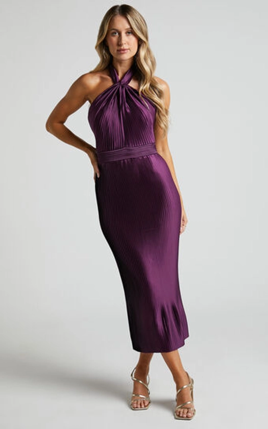 Marlette Midi Dress - Pleated Open Back Halter Dress in Aubergine