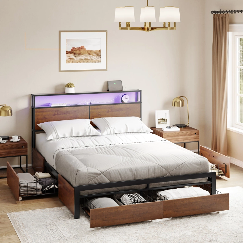 Antioch Bed Frame with 4 Drawers, Metal Frame with LED Light and Outlet, Storage Headboard