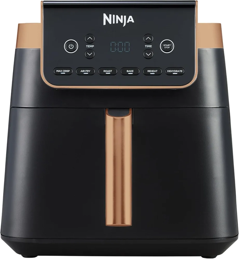 NINJA Air Fryer MAX PRO, 6,2 L, Grand tiroir, rôtir, cuire au four, frire sans huile, familial, antiadhésif, panier/plaque croustillante compatibles lave-vaisselle, pinces, noir/cuivre, AF180EUCP