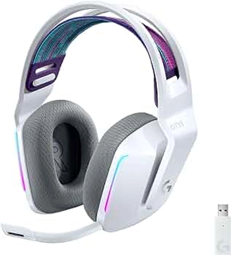 Logitech G733 LIGHTSPEED Wireless Gaming Headset with suspension headband, LIGHTSYNC RGB, Blue VO!CE mic technology and PRO-G audio drivers, Lightweight, 29 Hour battery life, 20m range - White