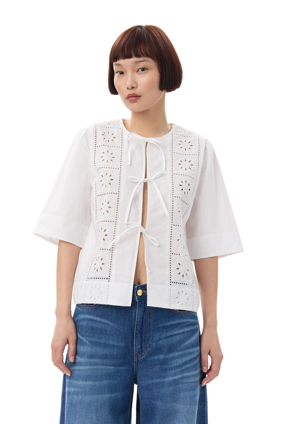 Bright White White Broderie Anglaise Tie Blouse | GANNI UK