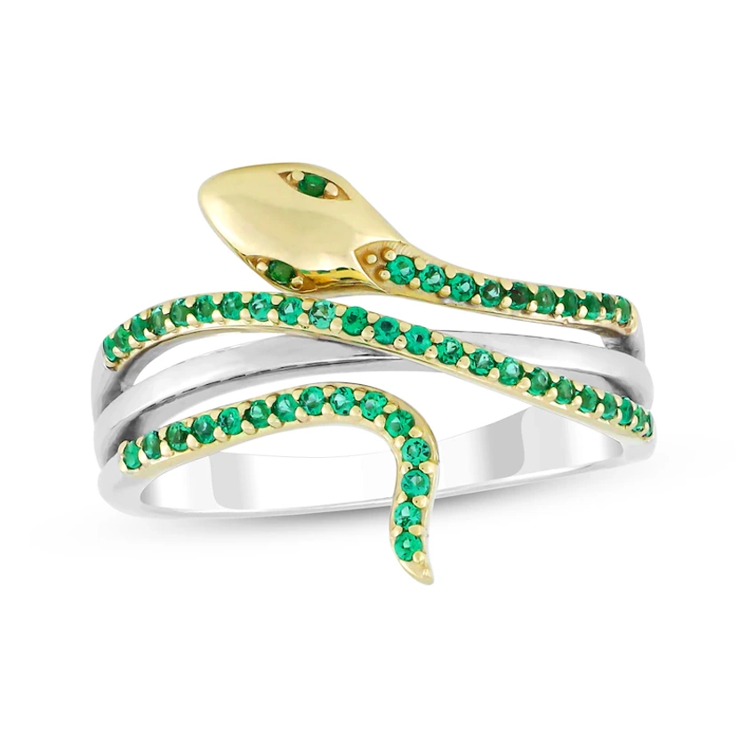 Lab-Created Emerald Snake Ring Sterling Silver & 10K Yellow Gold|Kay