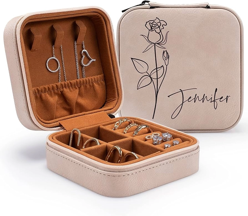 Custom Leather Customized Jewelry Organizer Box w/Name & Birth Flower Month - Birthday Gifts for Women, Mom Personalized Jewelry Travel Case - Beige