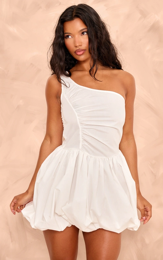 White One Shoulder Ruched Puff Ball Dress