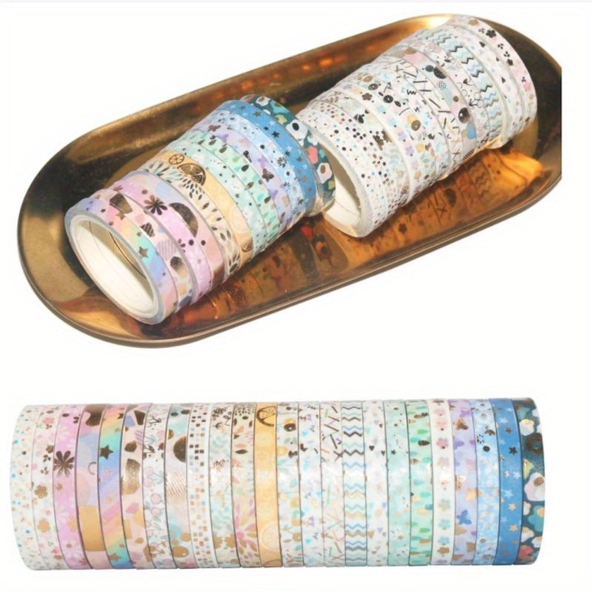 Ensemble de 24 rubans adhésifs Washi avec design en feuille d'or, rubans décoratifs minces de 5 mm pour loisirs créatifs DIY, scrapbooking, bullet journals et emballage cadeau