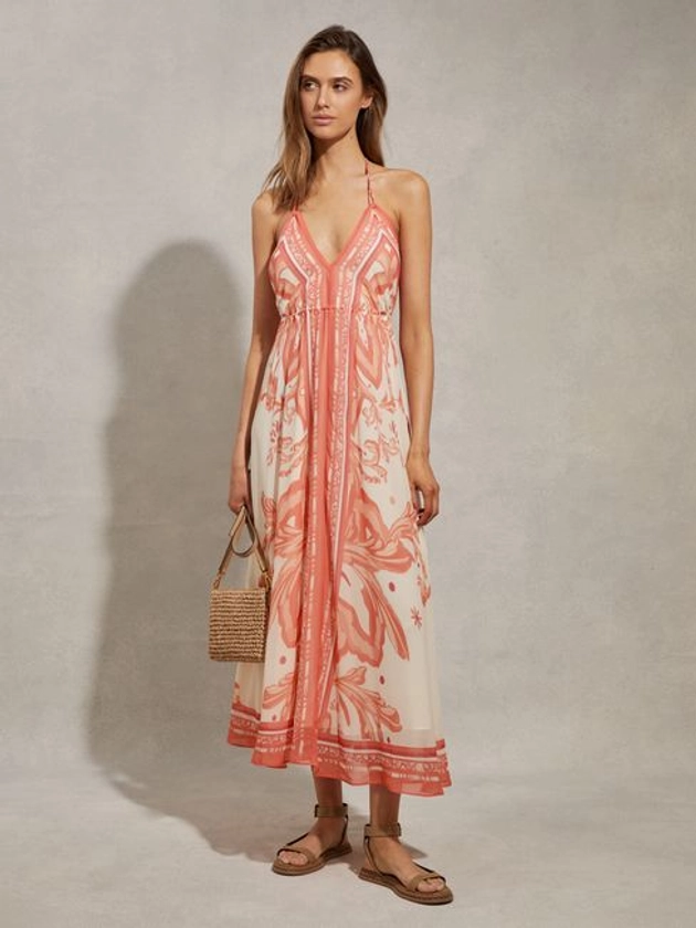 Printed Ruched Waist Midi Dress in Coral - REISS