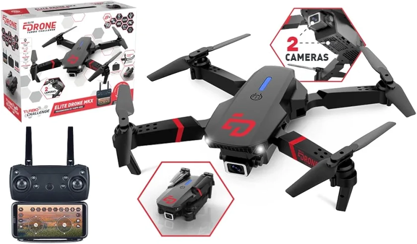 TURBO CHALLENGE - Elite Drone MKX - Drone - 400318 - Dispositif Volant - Noir - 2 Batteries Rechargeable - Plastique - Cadeau - Anniversaire - Lumineux - Vidéo - À Partir de 8 ans