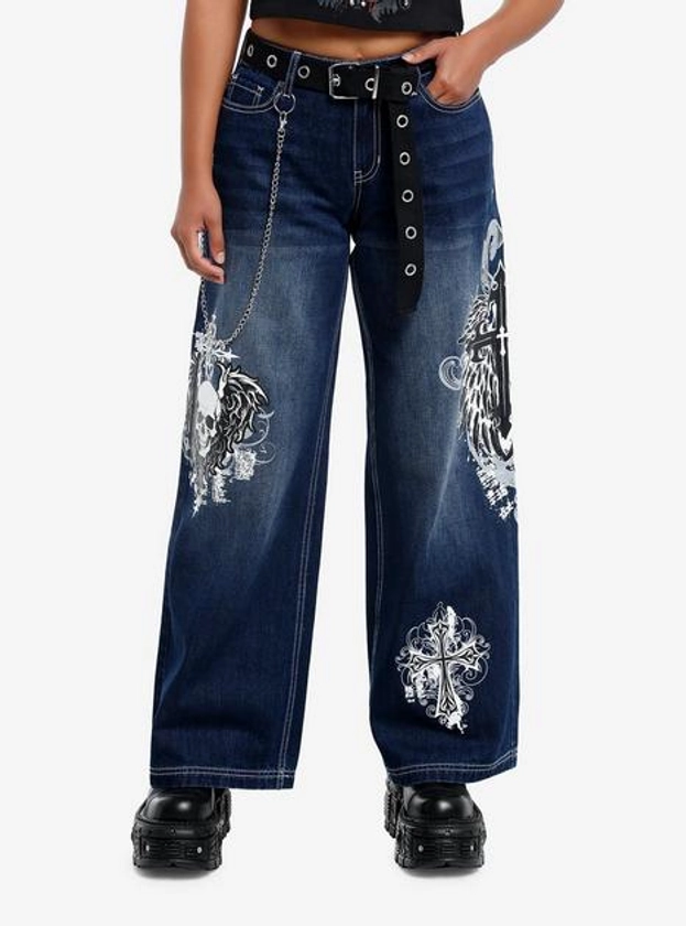 Skull & Gothic Cross Dark Wash Girls Wide-Leg Jeans | Hot Topic