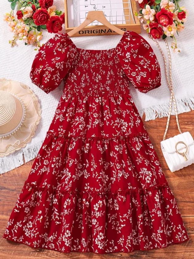 Red Blooms Tiered Floral Dress