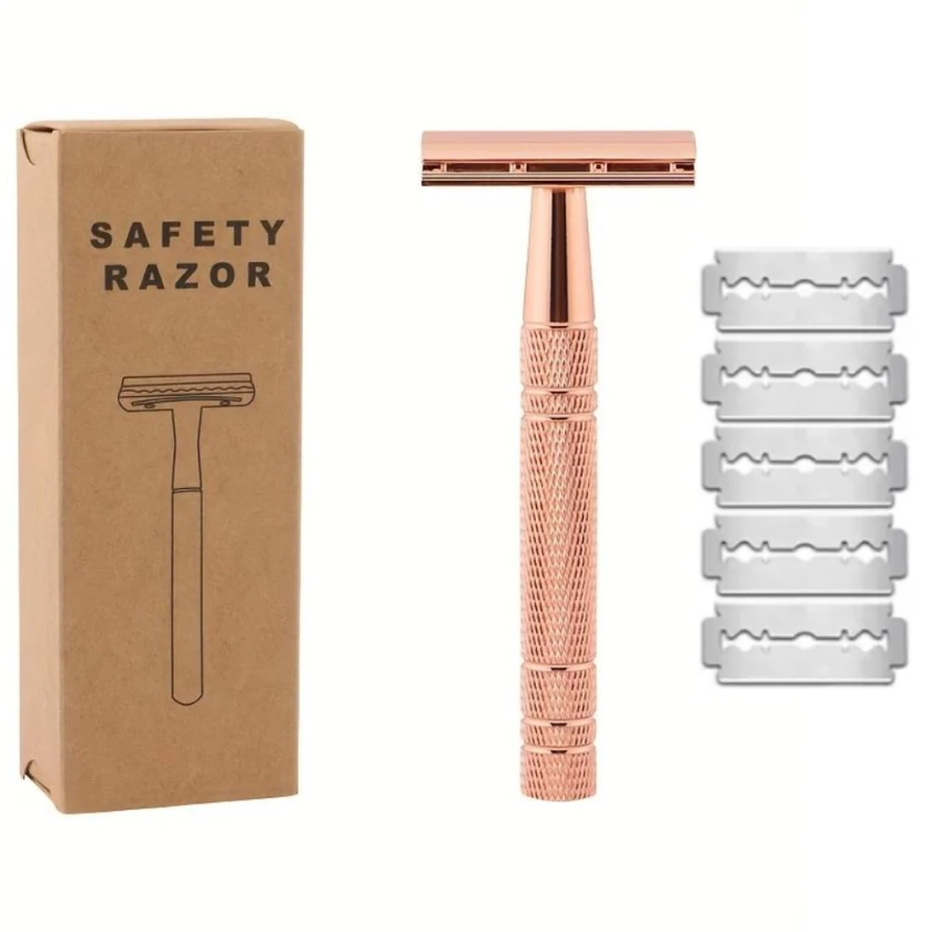 Women's Reusable Safety Razor With 5 Blades - Premium Eco Single Blade Razor, Rose Gold