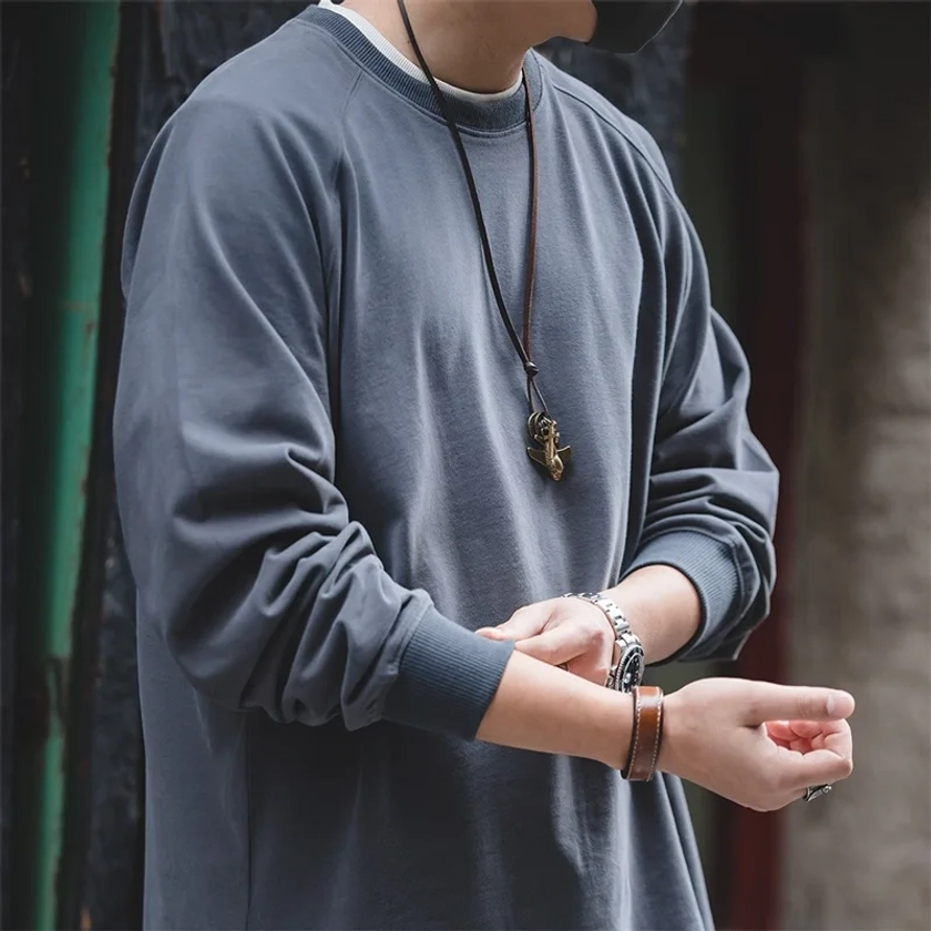Maden 100% Cotton Loose Crew Neck Long Sleeve T-shirts Men's  230g Thin Breathable Tee Shirt Basic Solid Color Oversized Tops