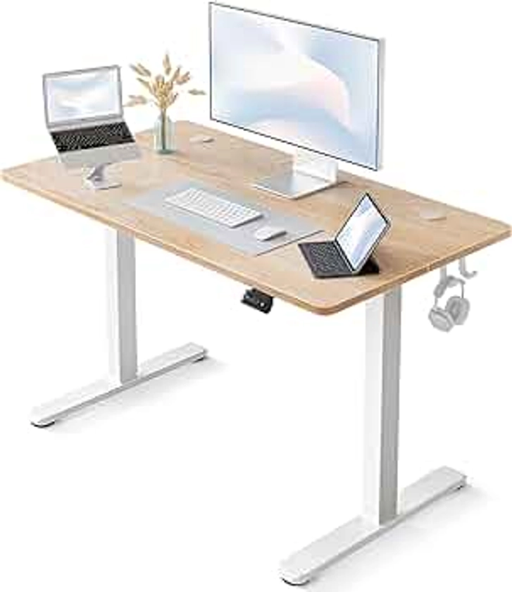 FEZIBO Bureau Assis Debout Électrique, 100 × 60 cmBureau Table Debout Réglable en Hauteur Acier T Pieds avec Système Anti-Collision, Panneau Contrôle à Fonctions Mémoires, Planche Chêne Blanc