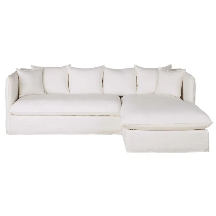 Canapé d'angle droit convertible 4/5 places effet lin blanc, matelas 10 cm
