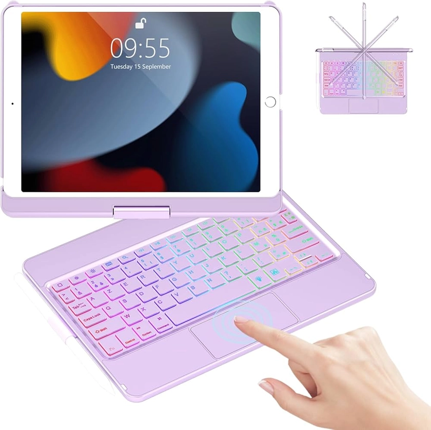 Étui avec Clavier avec Touchpad pour iPad 9ème/8ème/7ème Génération, Rotatif à 360° Coque pour iPad avec Mise en Veille/Réveil Automatique, 7 Rétroéclairages AZERTY Bluetooth Clavier(Violet Clair)