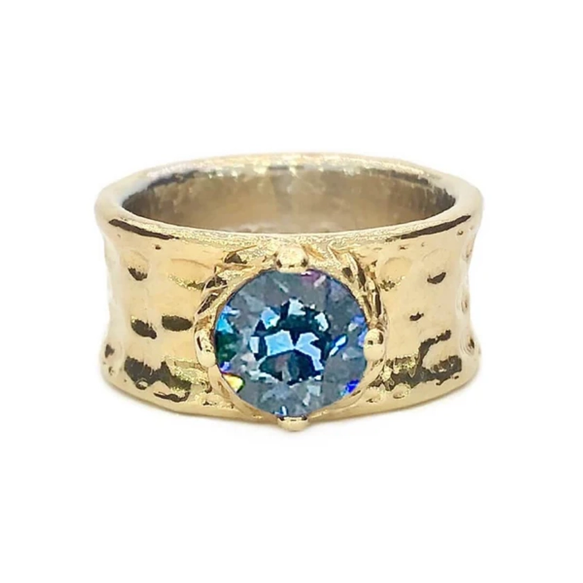 Wide Band Ring with Stone, 18K Gold Plated