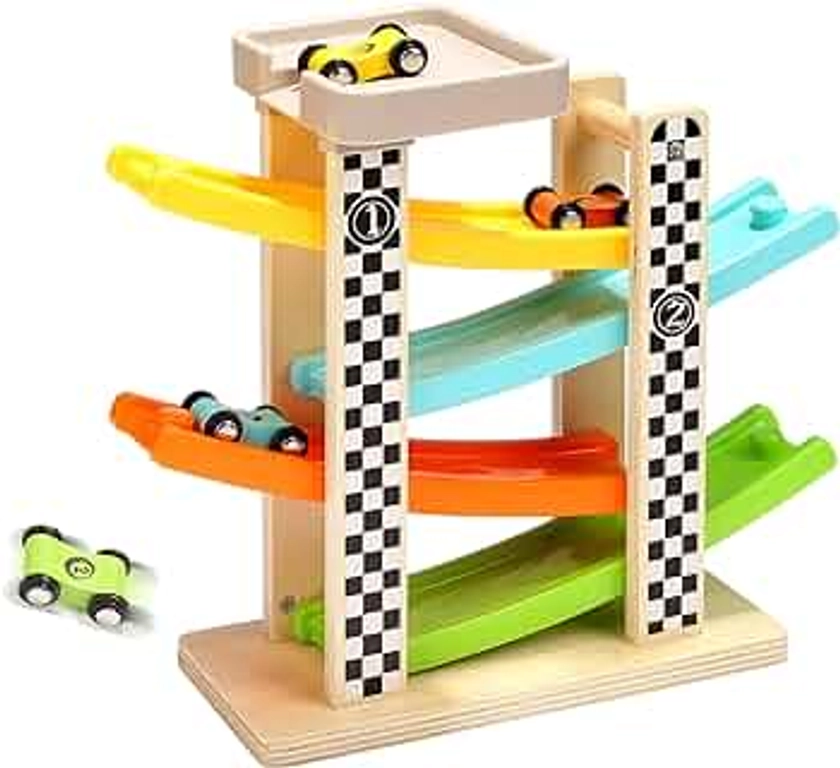 Toddler Toys for 1 2 Year Old Boy and Girl Gifts Wooden Race Track Car Ramp Racer with 4 Mini Car