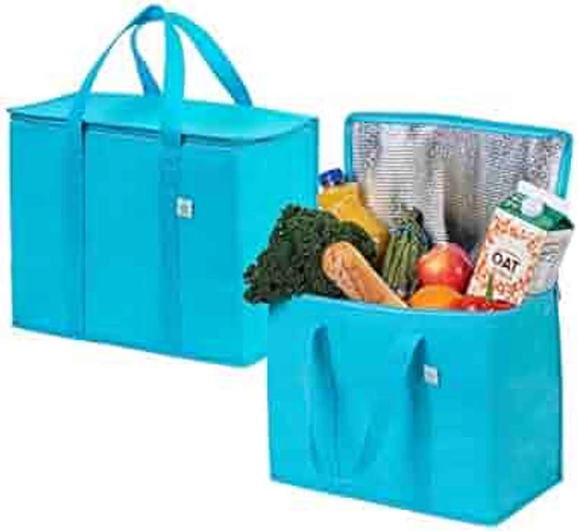 VENO 2 Pack Insulated Reusable Grocery Bag, Food Delivery Bag, Durable, Heavy Duty, Large Size, Stands Upright, Collapsible, Sturdy Zipper, Reusable and Sustainable (Cyan, 2 pack)