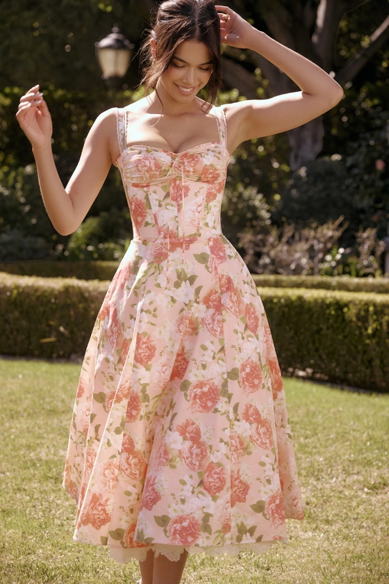 Clothing : Midi Dresses: 'Rosalee' Pink Peony Print Cotton Bustier Sundress