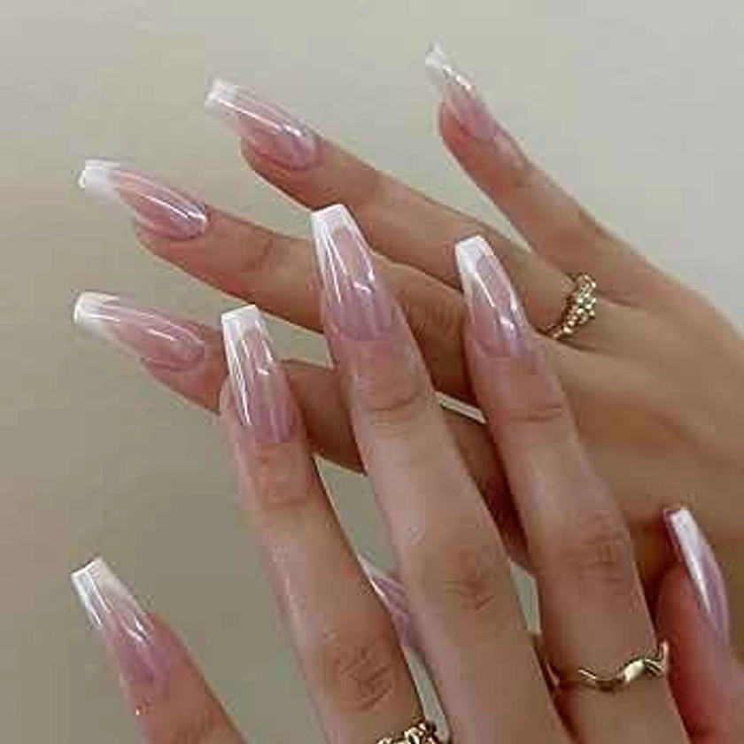 Chrome Press on Nails Medium Length Coffin Glazed False Nails, Glossy Pearlescent Pink Acrylic Fake Nails with White French Tips, Reusable Full Cover Artificial Nails for Women and Girls, 24Pcs