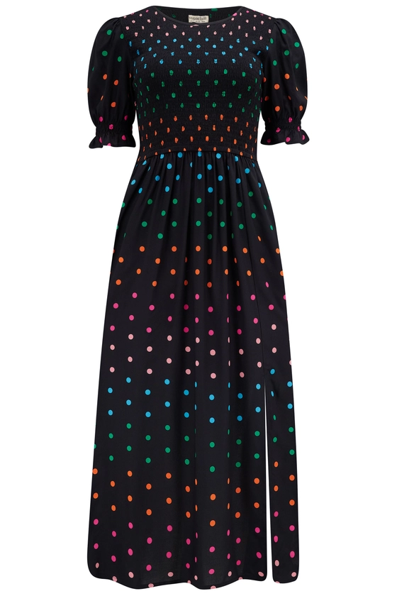 Rosita Midi Shirred Dress Black, Rainbow Polka by Sugarhill Brighton