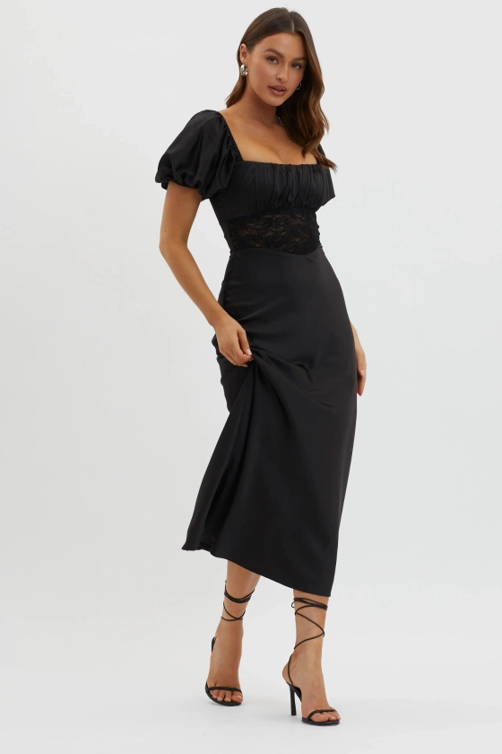 Allianna Puff Sleeve Lace Waist Midi Dress Black