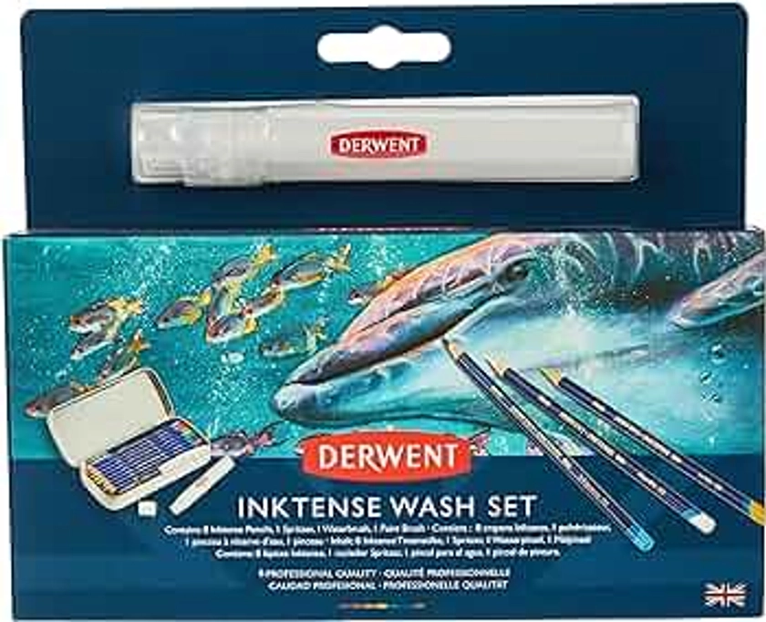 Derwent Inktense Wash Set, Set includes 8 Inktense Pencils, 1 Spritzer, 1 Waterbrush, 1 Paint Brush, Premium 4mm Round Core, Watersoluble, Use on Paper or Fabric, Professional Quality (2302584)