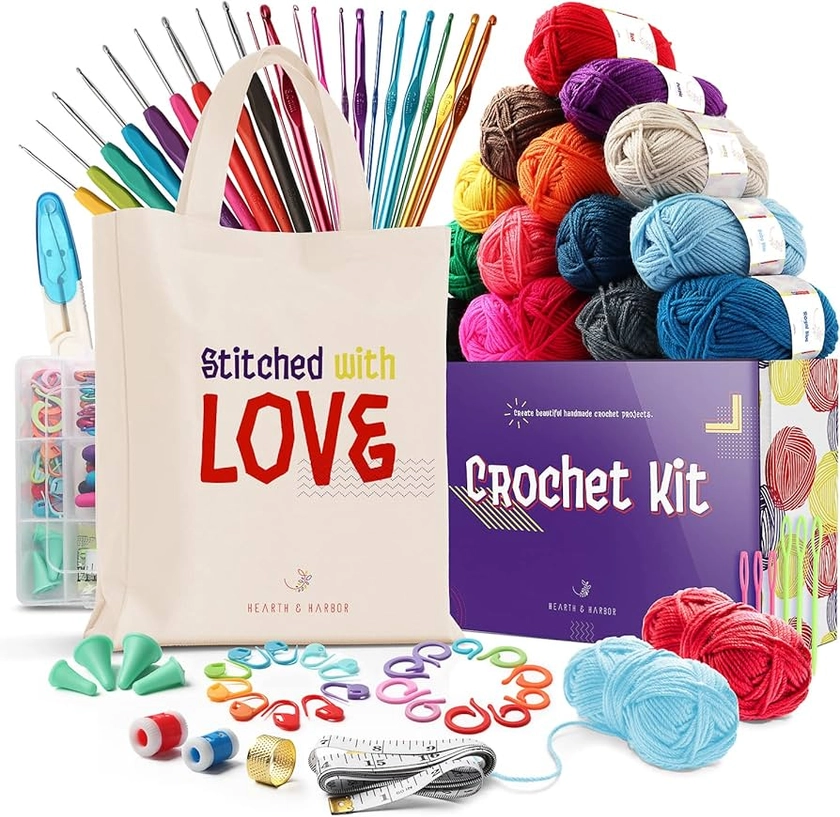 Hearth & Harbor Crochet Kit for Beginners Adults, Crochet Kits for Beginner, Learn to Crochet Set, Crocheting Kit, 1500 Yards Crochet Yarn, Crochet Hook Set, Crochet Accessories and Supplies