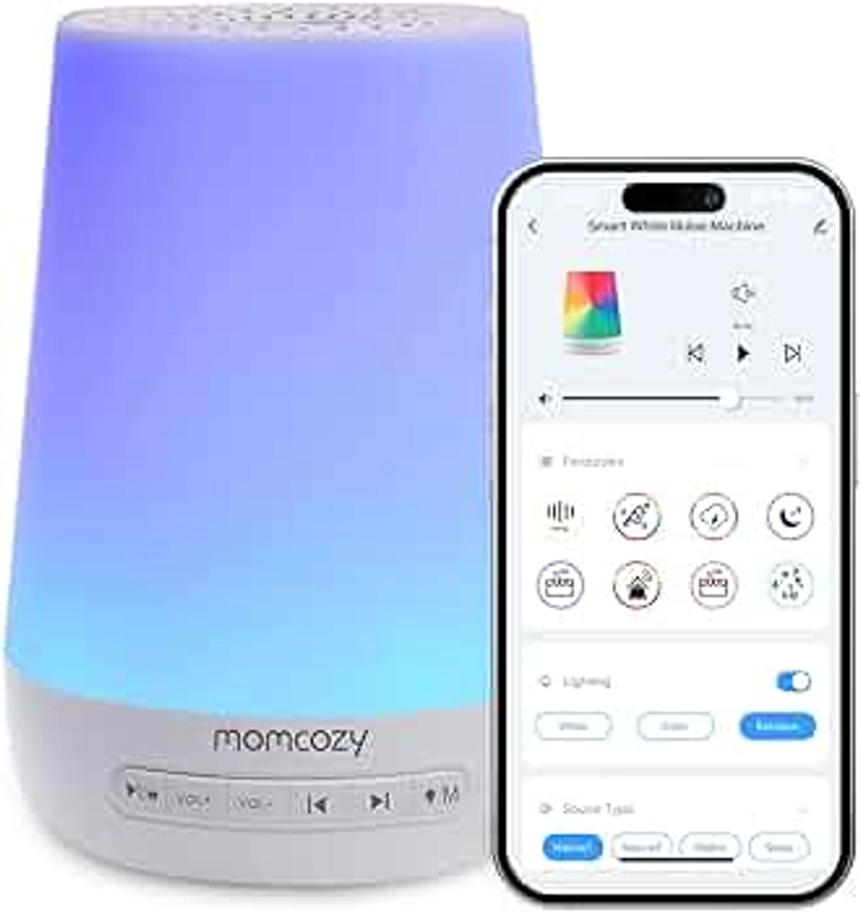 Momcozy Machine à Bruit Blanc,Sommeil à Bruit Blanc Portable pour Bébé Adulte,White Noise Machine avec 34 Sons,Bruit Blanc Bebe Thérapie,White Noise Machine Veilleuse 7 Couleurs,Contrôle APP,Timing