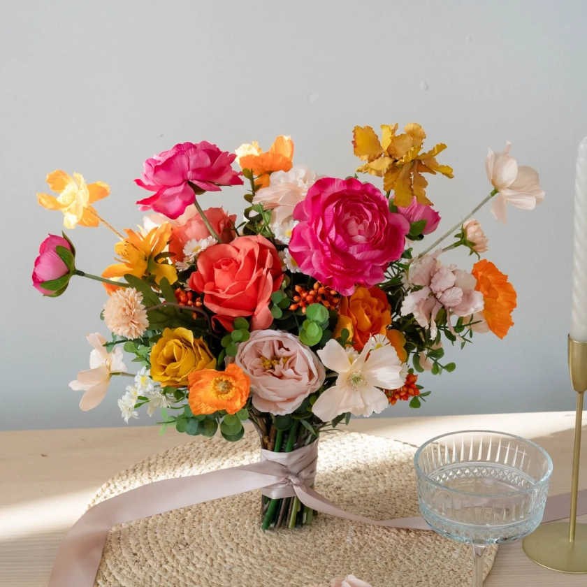 Bouquet de mariée fleurs en soie rose vif et jaune moutarde, bouquet de demoiselles d'honneur, bouquet de mariage, faux bouquet, bouquet de fleurs artificielles