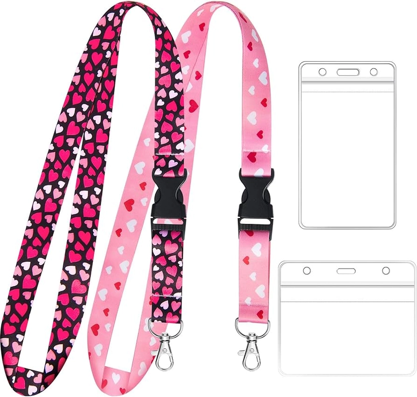 2 Sets Cute Lanyard and Card Holder Pink Lanyard Key Chain ID Badge Holder Neck Strap with PVC Waterproof Card Holder for Teacher Woman Kids (Heart Style)