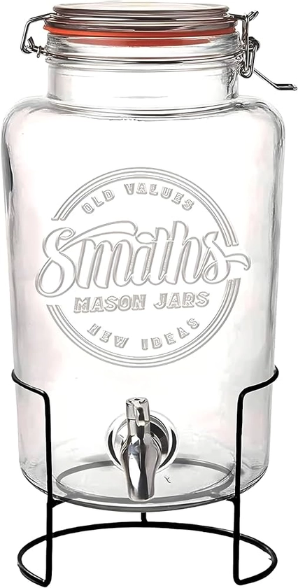 Smith's Mason Jars 5-Litre (169oz) Drink or Water Dispenser with Stainless Steel Spigot(Tap), Removable Mesh Filters and Metal Stand - Ideal for Lemonade, DIY Drinks, Fresh Fruit and Herbs