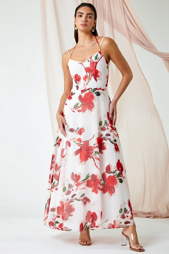 Red Luxe Floral Fit & Flare Maxi Dress | Roman UK