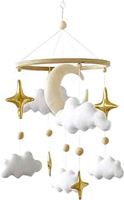 Baby Mobile for Crib - Handmade Modern Boho Baby Mobiles for Bassinet Felt Nursery Mobile Gender Neutral - Gold Moon and Stars - Girl Cribs Decorations