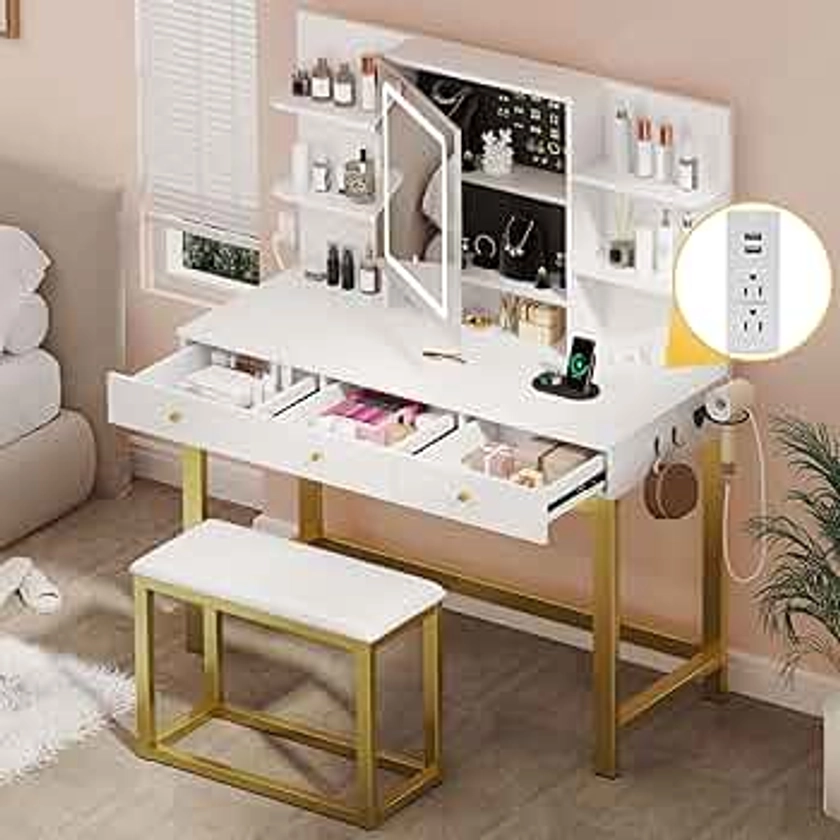 YITAHOME Makeup Vanity Desk Set with Mirror and Lights & Charging Station & Makeup Stool, 3 Drawers Vanity Table with 3 Hidden Storage Shelves for Bedroom (White & Gold) 39.5" W