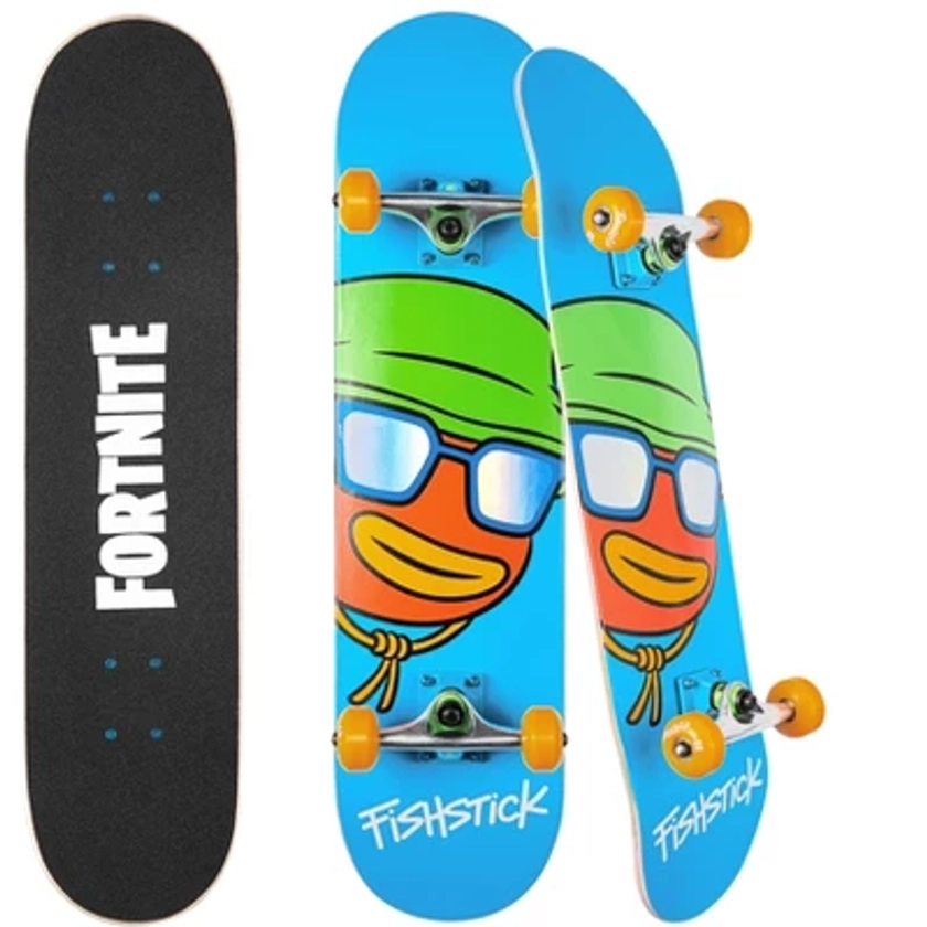 Fortnite Fishstick Skateboard with metallic sunglass graphics, aluminum trucks and ABEC5 bearings. Includes download code for in-game Nite Life Wrap