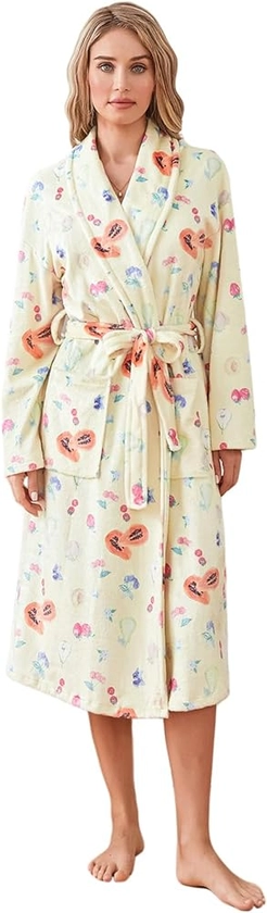 Women Y2k Fruit Plush Robe Floral Print Shawl Collar Open Front Bathrobe with Belt Spa Kimono Nightgown Loungewear (A Yellow Fruit Print, S)