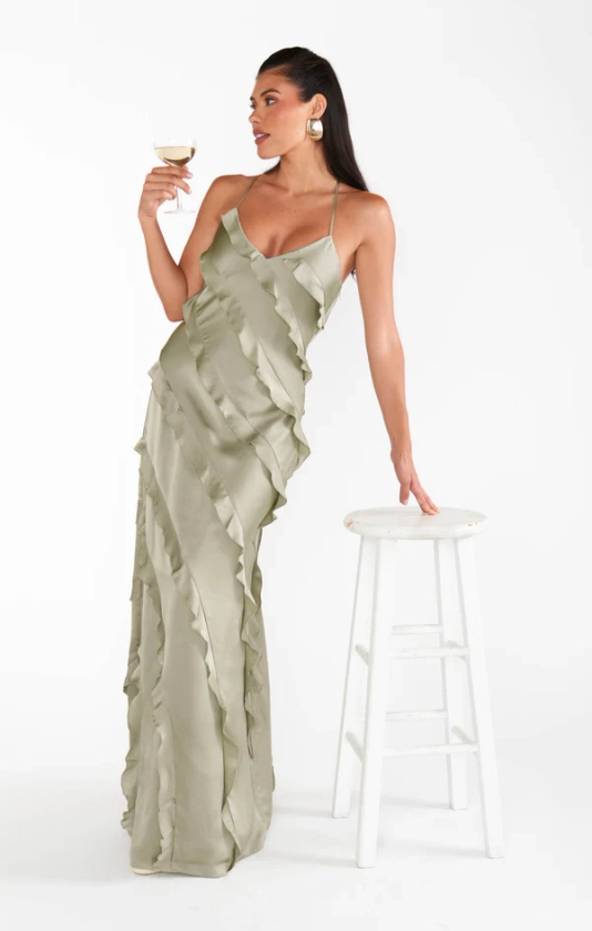 Romance Ruffle Dress ~ Moss Green Luxe Satin