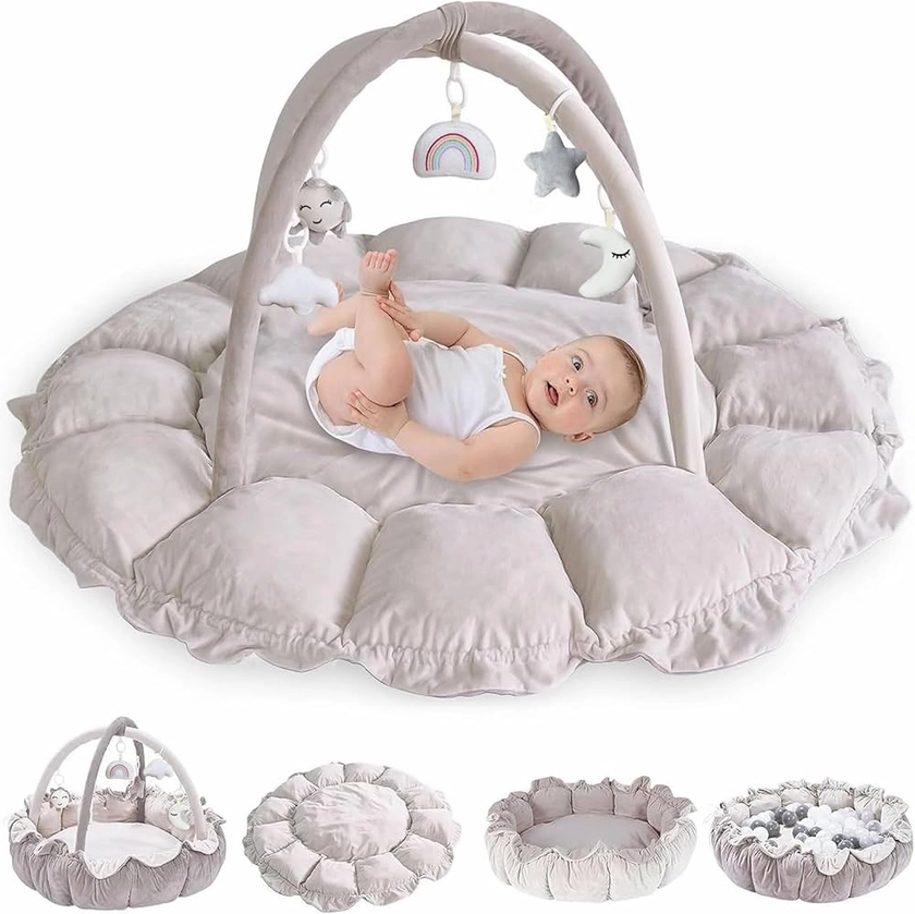 Tapis d'Eveil Bébé Doux Gym Centre Arche de Jeu avec Jouets Peluches Amovibles pour Bébé de 0 Mois+ Cadeau de Naissance - Gris