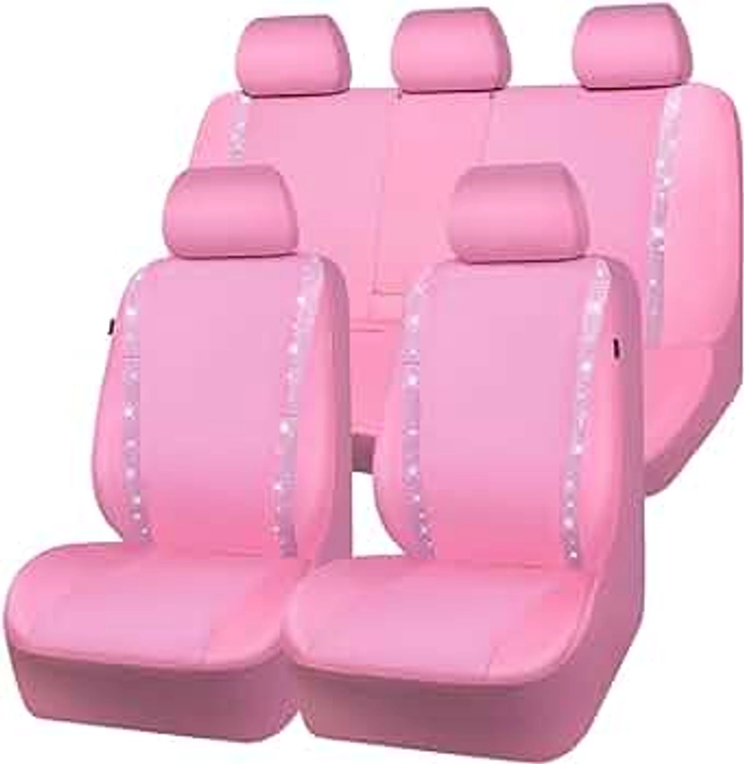 CAR PASS Bling Car Seat Covers Full Set, Shining Rhinestone Diamond Waterproof Faux Leather, Rear with Zipper, Universal Fit Automotive Glitter Crystal Sparkle Strips for Cute Women Girl, Pink