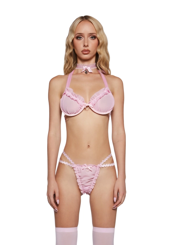 Womens Sexy Chiffon Bra And Thong Set Sugar Thrillz - Pink